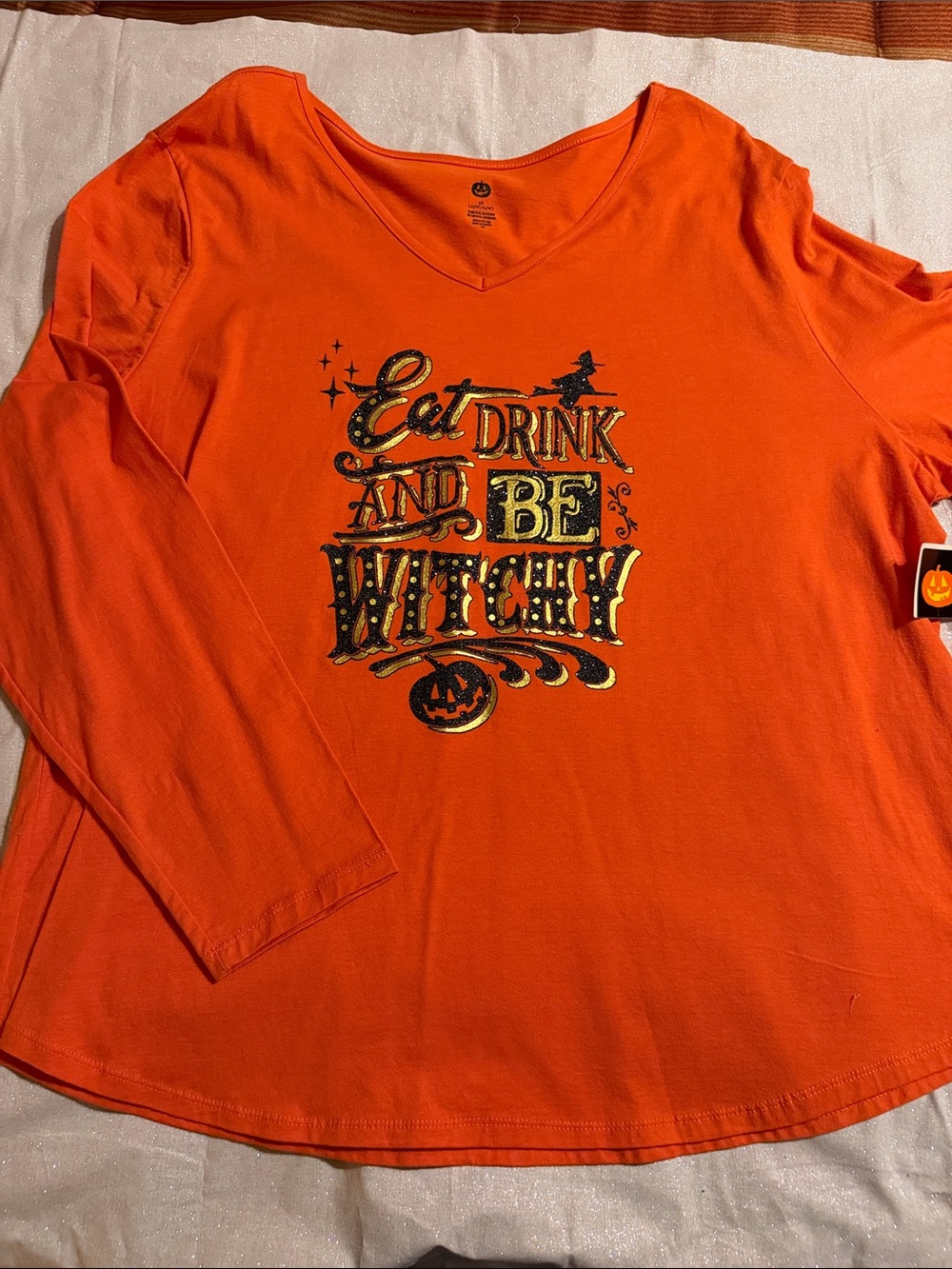 Orange Halloween Graphic Long-Sleeve ladies Top - Eat, Drink and Be Witchy